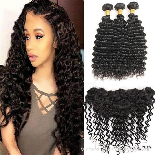 Bundles With Frontal Malaysian Human Hair weft With Closure Lace Frontal With Deep Weave remy hair extension hair Bundles vendor